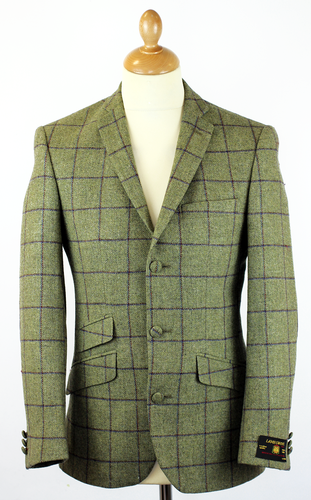 Retro Sixties Mod Window Pane Check 3 Button Tweed Blazer Green