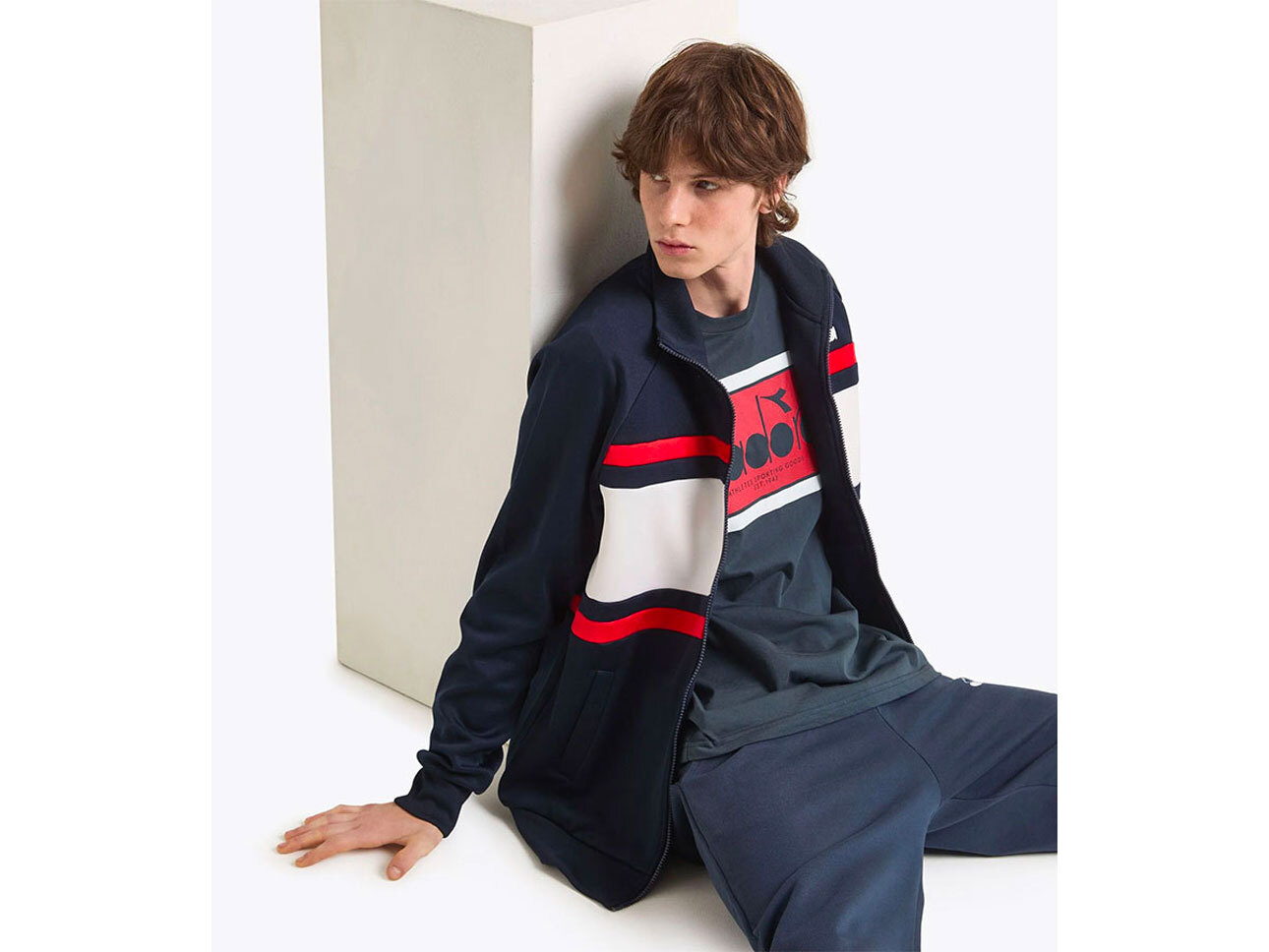 Diadora Heritage Man Wearing Colour Block Track Top and Tee