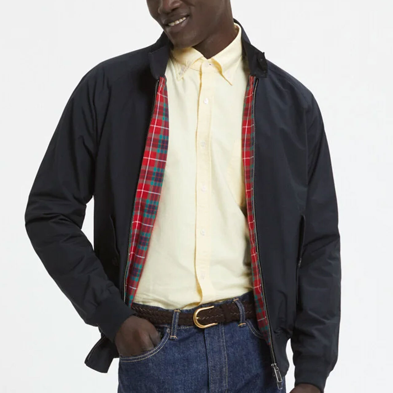 Baracuta G9 Harrington Jacket in black with red tartan lining