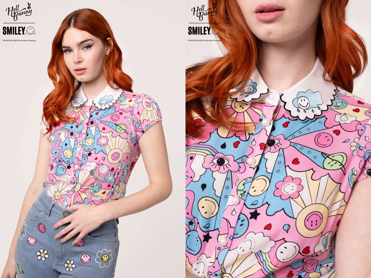 Model wearing Hell Bunny x Smiley Loulou Blouse Top