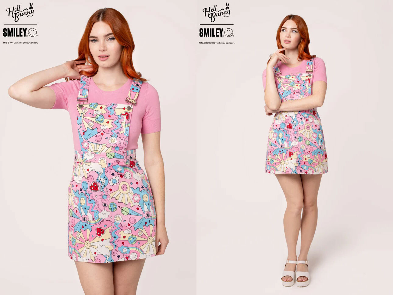 Model wearing Hell Bunny x Smiley Loulou Pinafore Dress