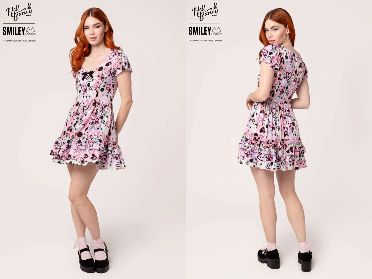 Model wearing Hell Bunny x Smiley Robbie Mini Dress
