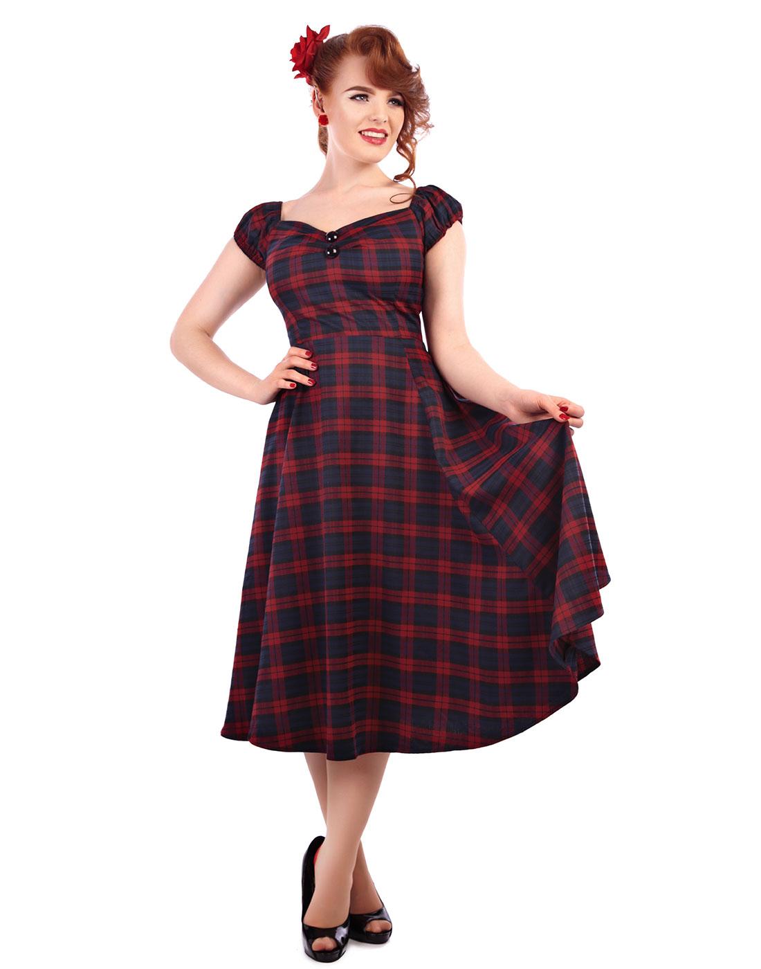 COLLECTIF Dolores Tai Tartan Retro 50s Doll Dress in Blue/Red