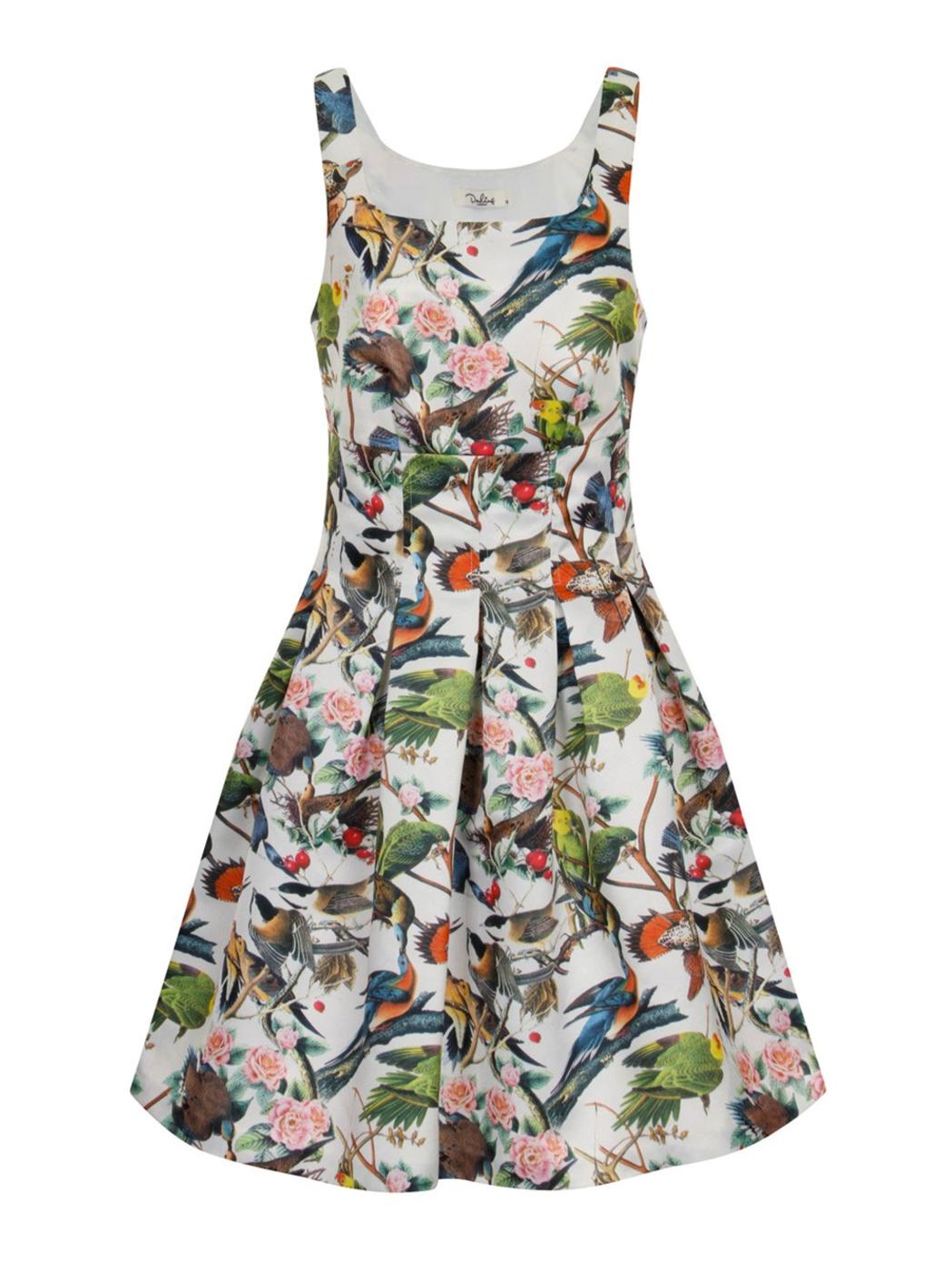 DARLING Twiggy Vintage Floral Bird Flared Dress in White