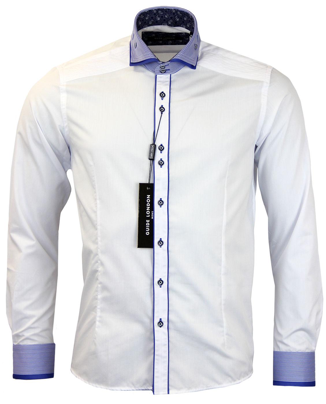 GUIDE LONDON Stripe Double Collar Retro 60s Mod Shirt White