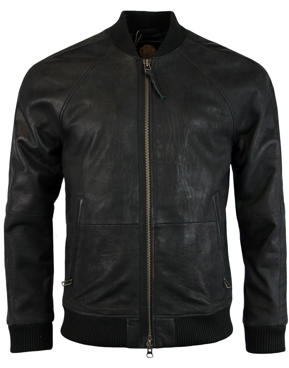 PRETTY GREEN Albion Retro 1970s Indie Leather Bomber Jacket Black