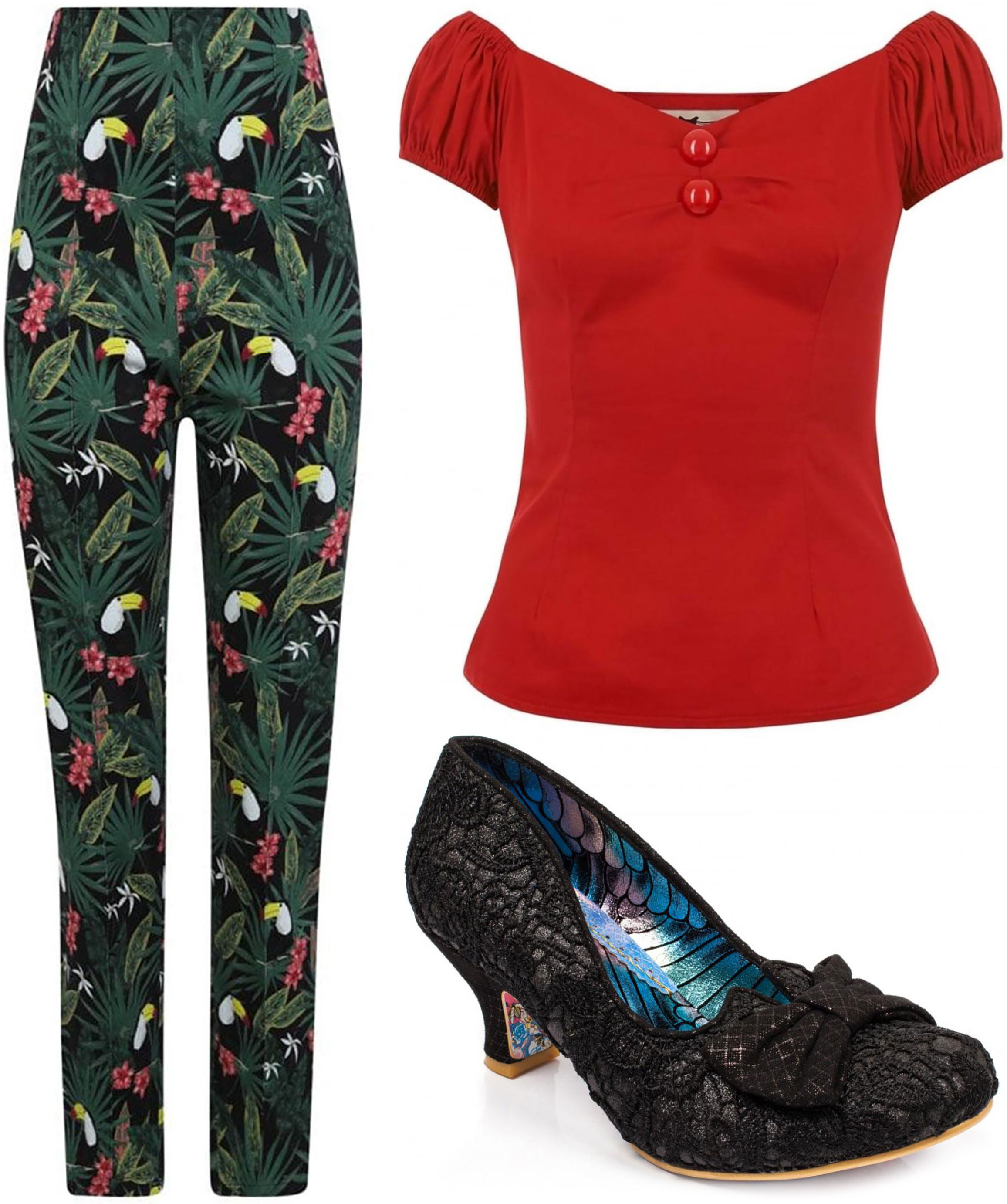Collectif 'Bonnie' trousers with 'Dolores' top and Irregular Choice 'Razzle Dazzle' heels