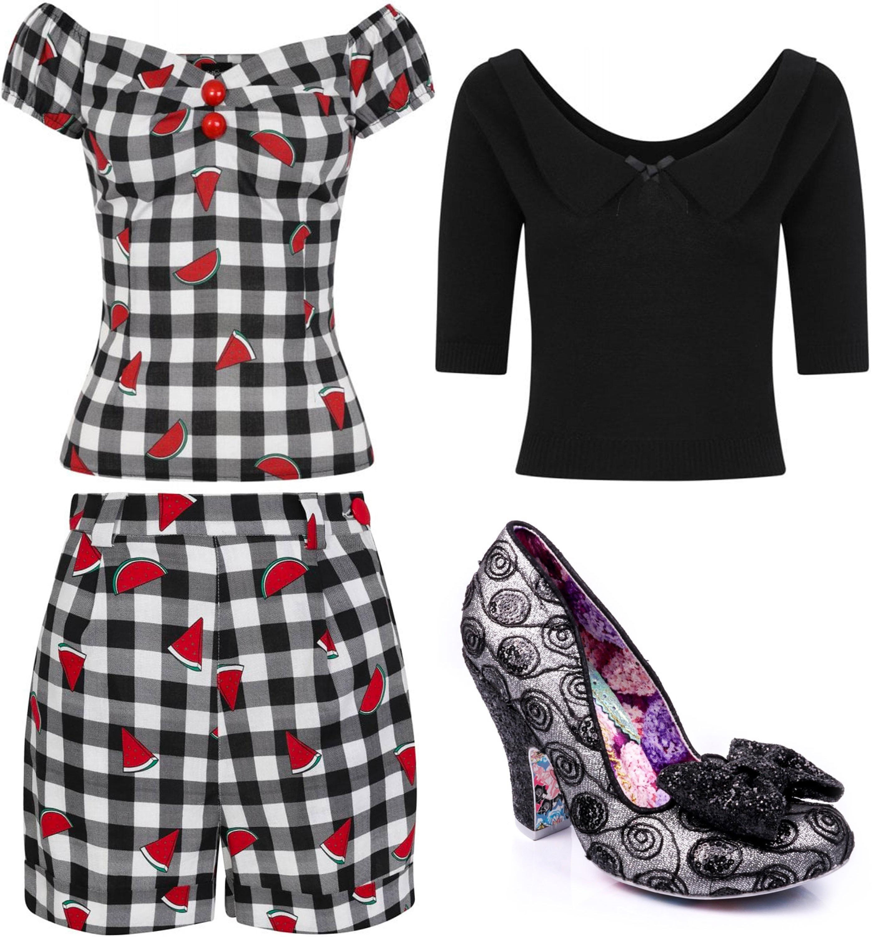 Collectif gingham top and shorts with Babette jumper and Nick of Time heels