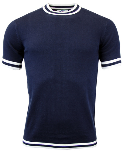 MADCAP ENGLAND Moon Retro 1960s Mod Tipped Knitted T-Shirt Navy