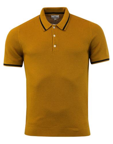 BEN SHERMAN Retro 60s Mod Textured Knit Tipped Polo Shirt Mustard
