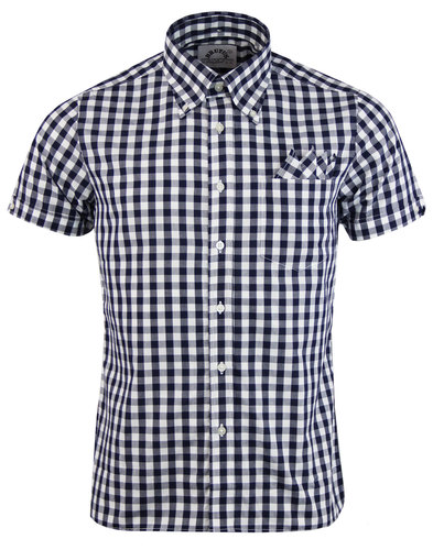 BRUTUS TRIMFIT Mod Button Down Large Gingham Check Shirt in Navy