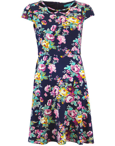 FEVER Ava Retro 1960s Mod Floral Cut Out Neck Flare Dress in Navy