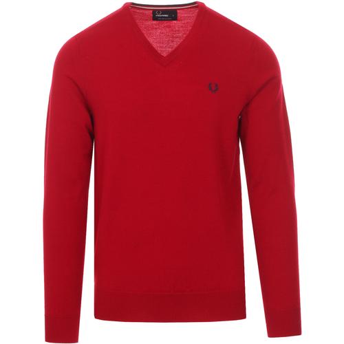 FRED PERRY Merino Wool Knitted V-Neck Jumper Deep Red