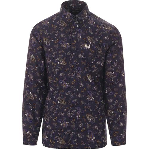 FRED PERRY 60s Mod Button Down Paisley Print Shirt in Navy