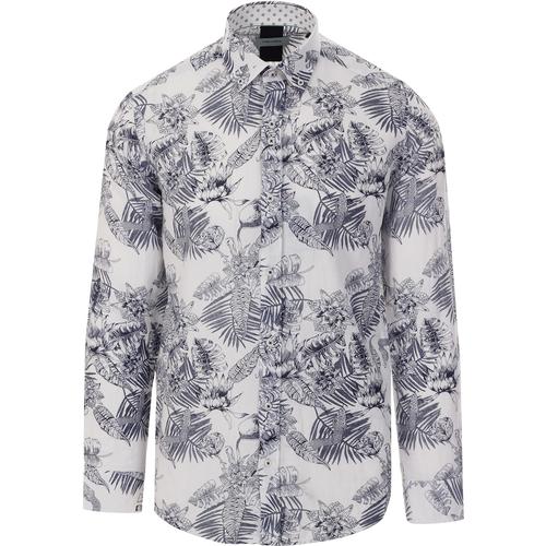 GUIDE LONDON 60s Mod Outline Floral Shirt in White/Navy