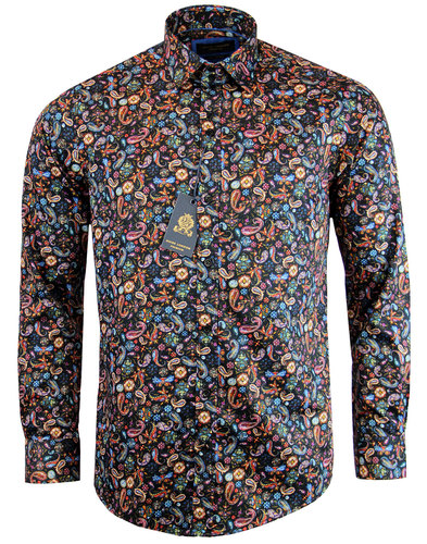 GUIDE LONDON Retro 1960s Psychedelic Painted Paisley Shirt Black