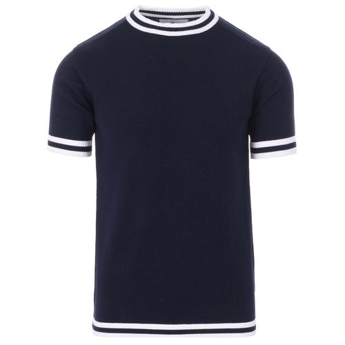 MADCAP ENGLAND Moon Retro 1960s Mod Tipped Knitted T-Shirt Navy