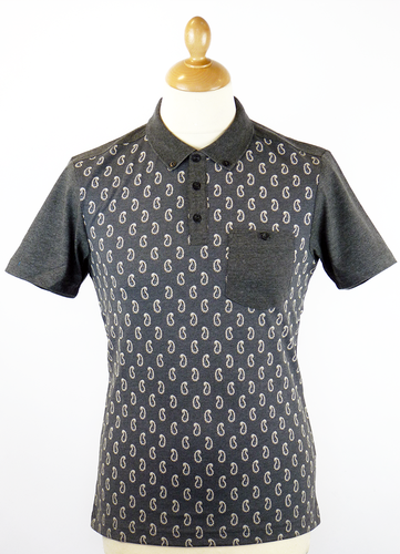 MERC Banion Retro Sixties Mod Paisley Pocket Polo Shirt Charcoal