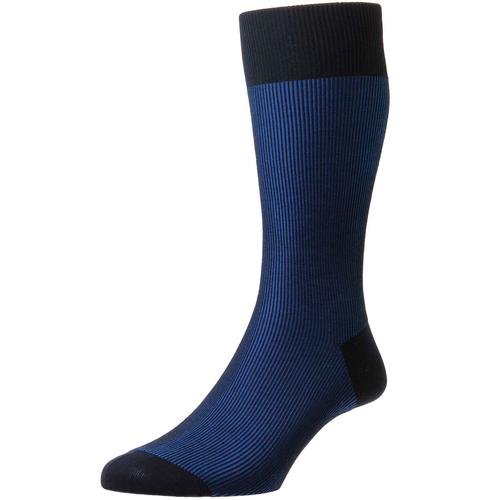 Pantherella Mens Santos Shadow Rib Cotton Lisle Socks Navy/Sapphire Blue 