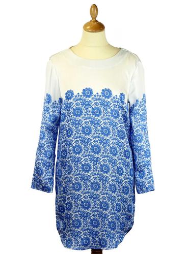 Pepe Jeans Ada Retro 60s style Printed Shift Dress in White/Blue