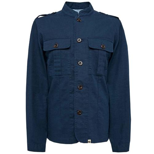 PRETTY GREEN 60's Button Up Linen Lennon Jacket in Navy