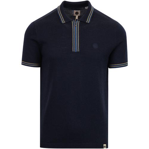 PRETTY GREEN Mod Zip Neck Tipped Knitted Polo in Navy