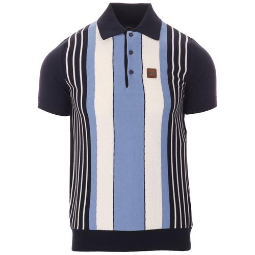 Trojan Records Navy Multi Stripe Fine Gauge Knitted Polo Shirt