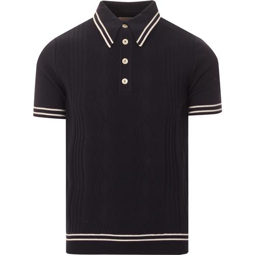 SKA & SOUL 60s Mod Bold Tipped Cable Knit Polo in Navy